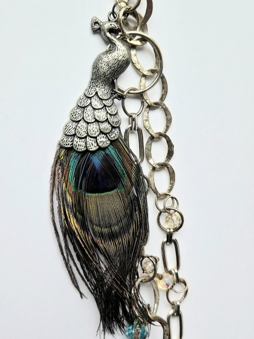 Boho Glam Peacock Real Feather Statement Necklace Fringe Asymmetrical Crystal - Picture 2 of 6